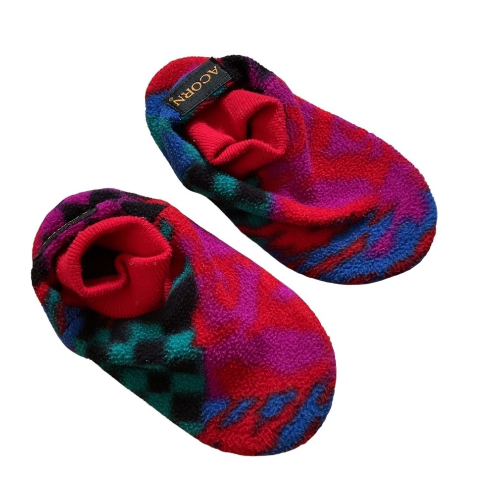 Acorn Kids Fleece Slipper Socks Multi Color Abstract Print Suede Sole Childs 13